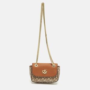 Dkny Brown/beige Signature Coated Canvas And Saffiano Leather Chain Mini
